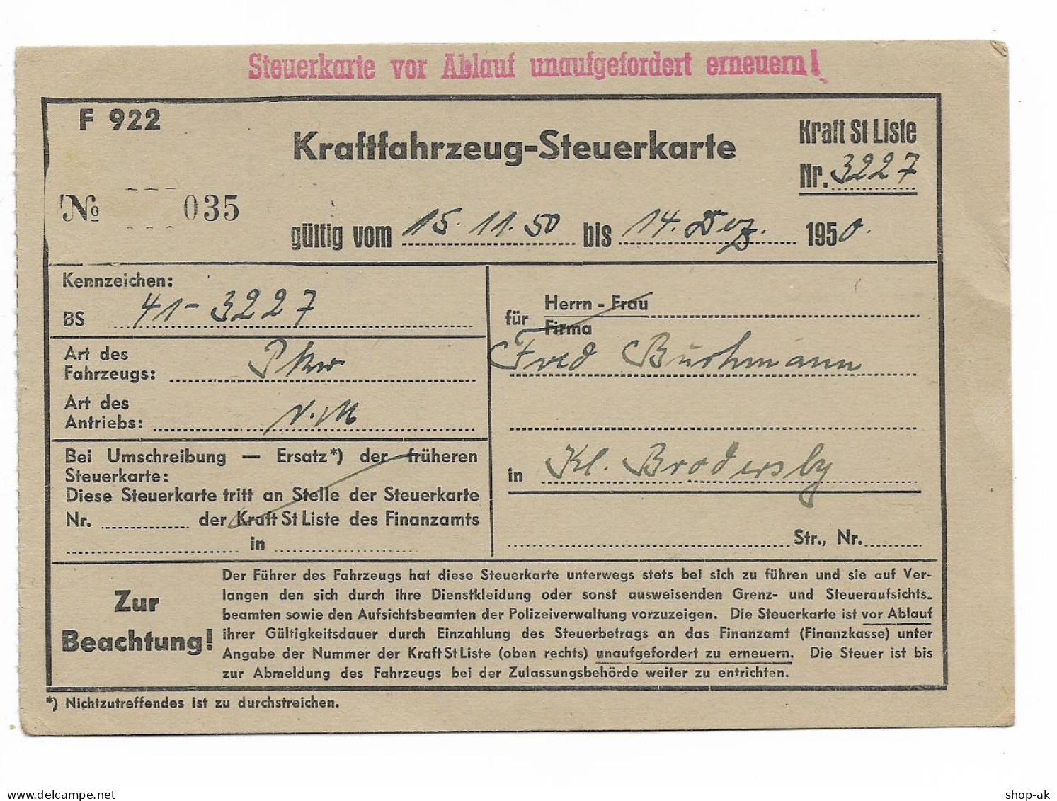 Y27922/ Kraftfahrzeug-Steuerkarte Quittung  Schleswig 1950 - Voitures