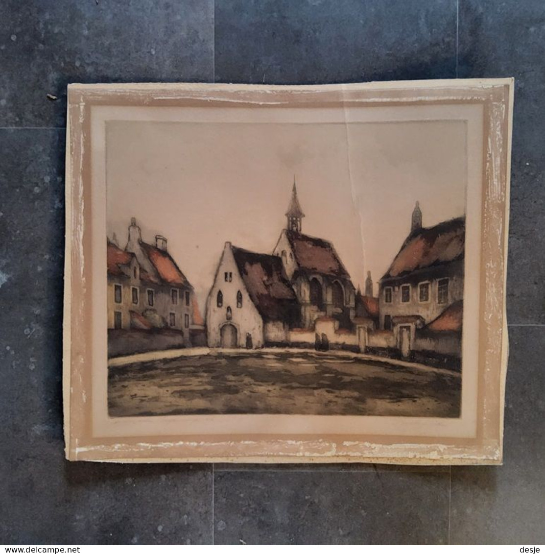 Aquarel Diksmuide Het Begijnhof 1946 Door Bertrand - Aquarelles