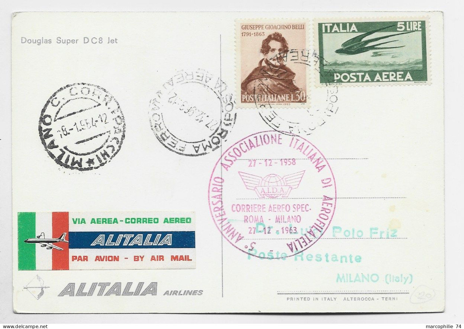 ITALIA PA 5 LIRE +L.30 CARTOLINA ALITALIA 1958 TO MILANO - Marcophilie (Avions)