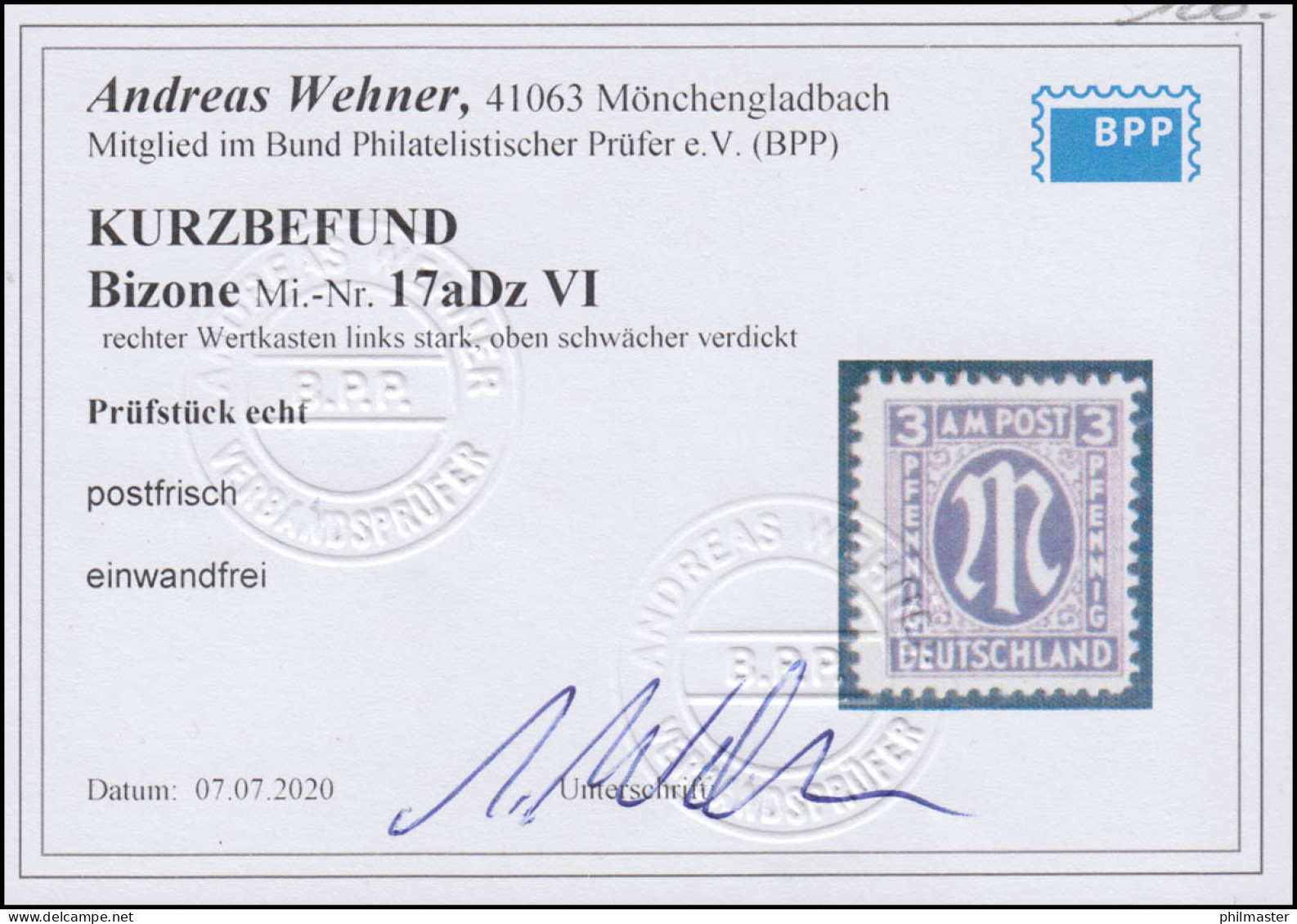 17aDz PLF VI AM-Post 3 Pf Mit PLF Rechter Wertkasten Verdickt, ** Befund Wehner - Mint