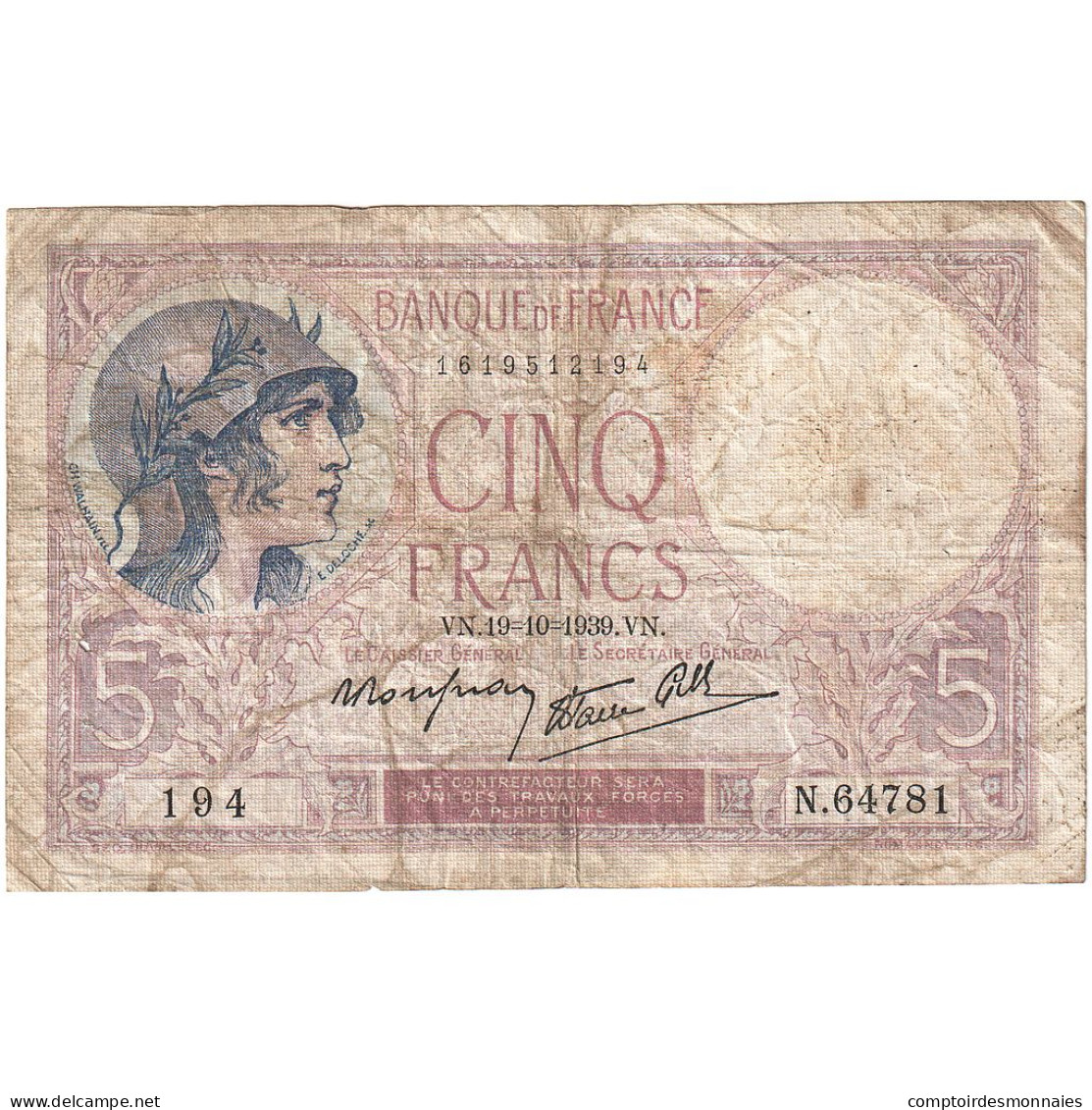 France, 5 Francs, Violet, 1939, N.64781, TB, Fayette:04.12, KM:83 - 5 F 1917-1940 ''Violet''