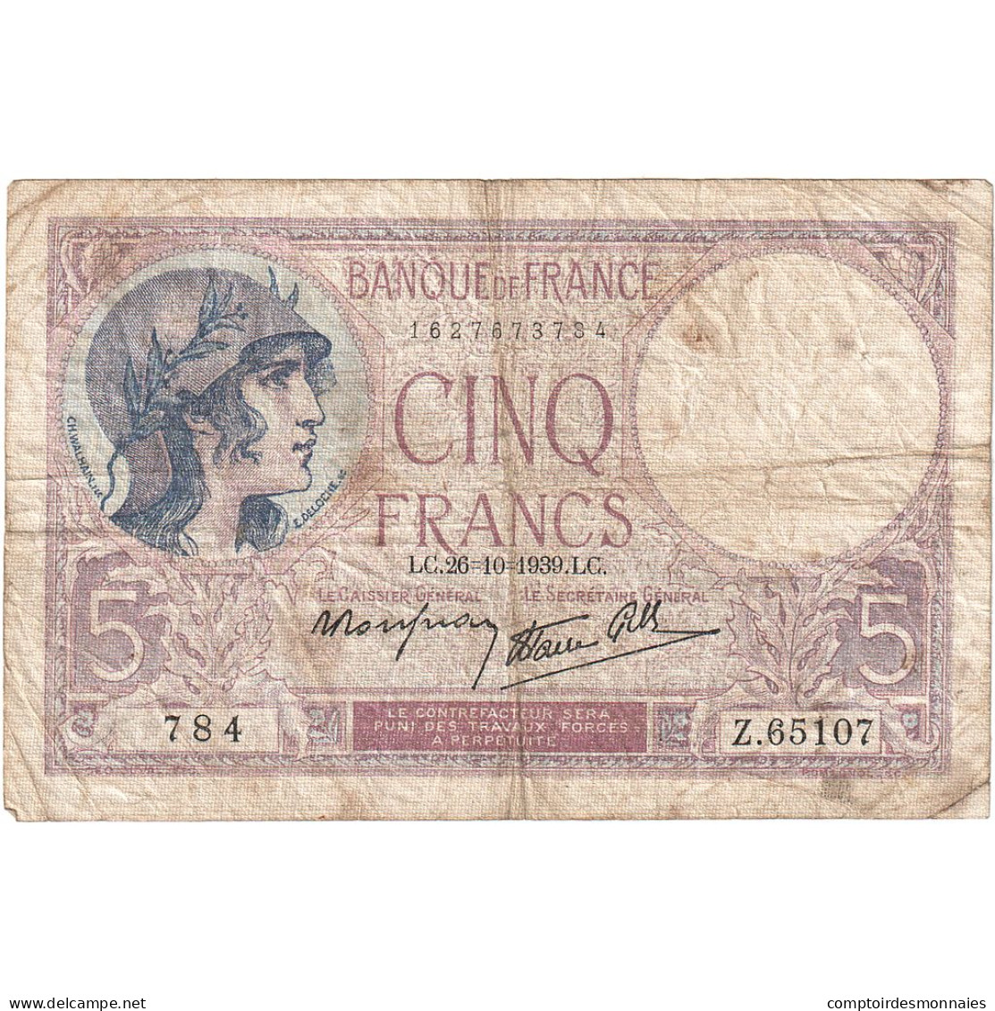 France, 5 Francs, Violet, 1939, Z.65107, TB, Fayette:04.13, KM:83 - 5 F 1917-1940 ''Violet''
