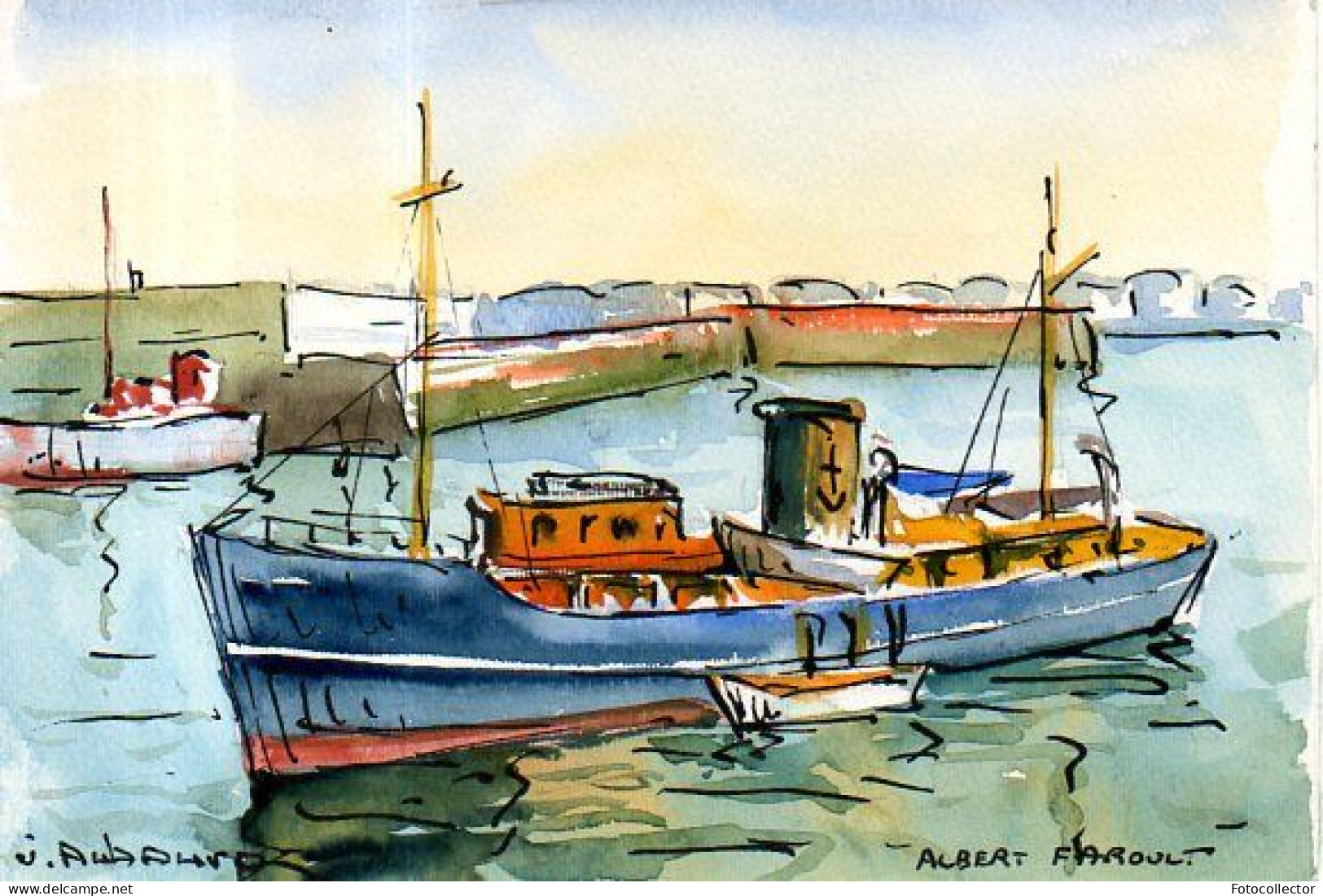 Aquarelle Du Bateau Pilote Albert Faroult (parti Rejoindre L'Angleterre Le 18 Juin 1940) Signé Du Peintre Jean Aubourg - Aquarel