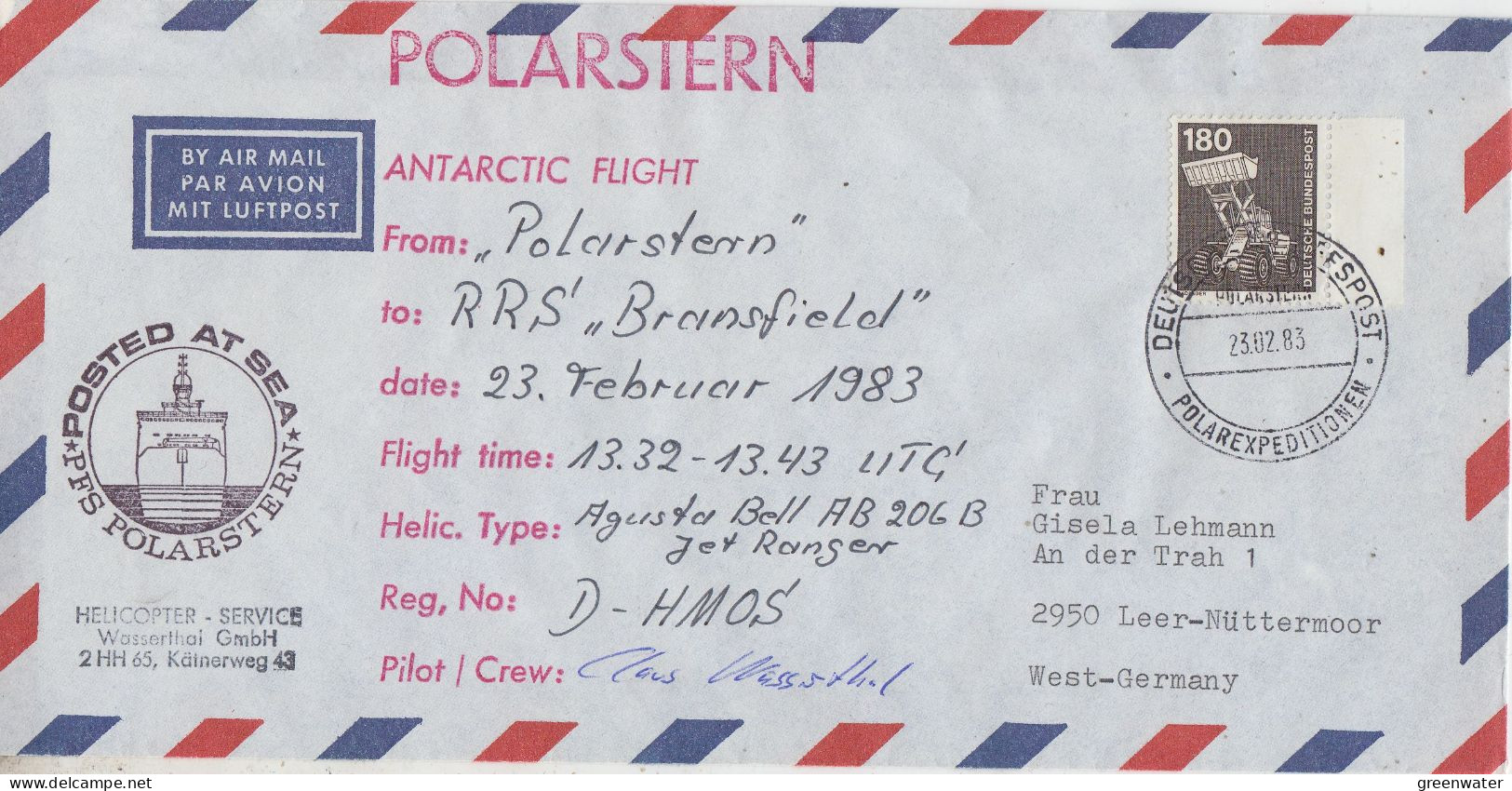 Germany PFS Polarstern Antarctic Heli Flight From Polarstern To RRS Bransfield Ca Polarstern 23.02.1983 (FG187) - Briefe U. Dokumente