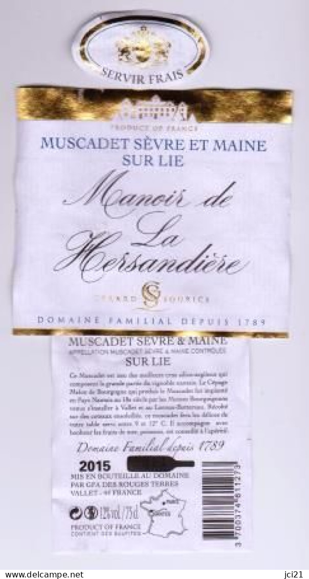 Etiquette, Contre étiquette Et Millésime " MANOIR DE LA HERSANDIERE " Muscadet 2015 (2681)_ev130 - Vino Bianco