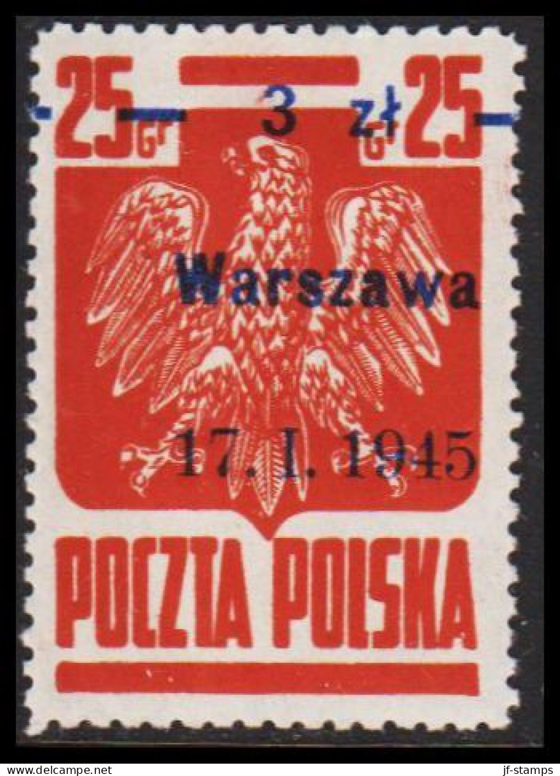 1945. POLSKA. Liberation Issue. 3 Zl On 25 Gr Overprinted Warszawa 17.1.1945 Very Light ... (Michel 390 I Xa) - JF543349 - Gouvernement Général