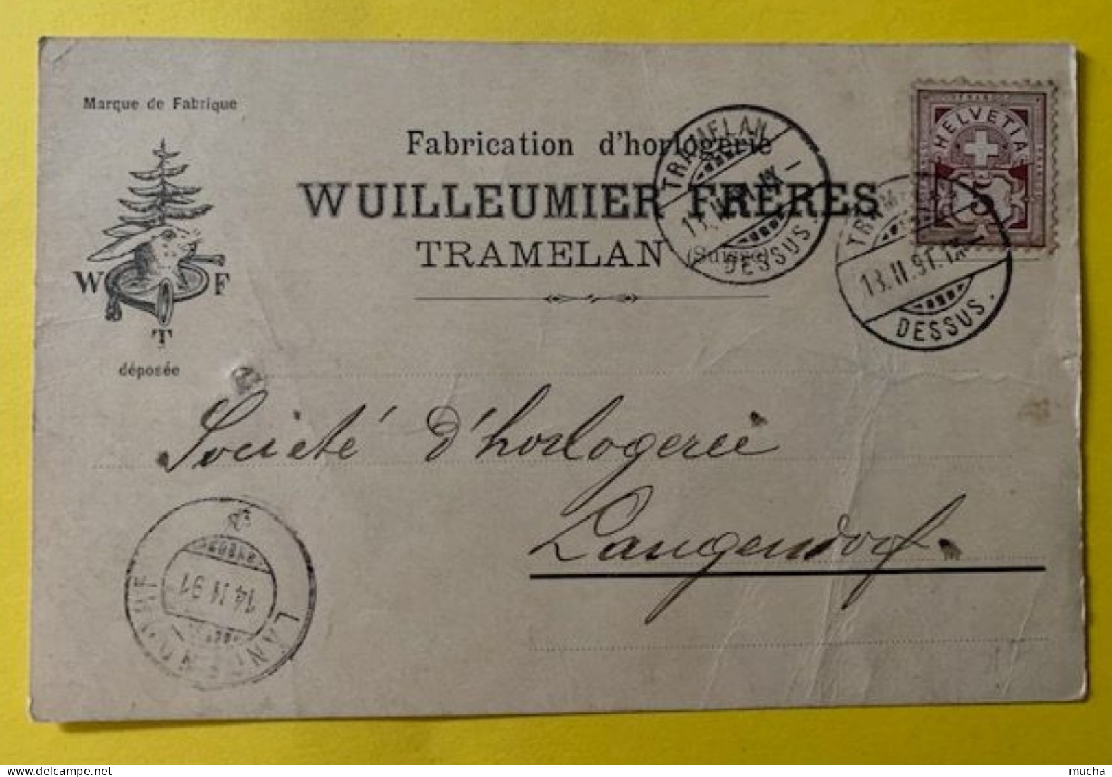 70073 - Carte Horlogerie Wuillemin Frères Tramelan Tramelan Dessus 18.02.1891 état Moyen - Relojería