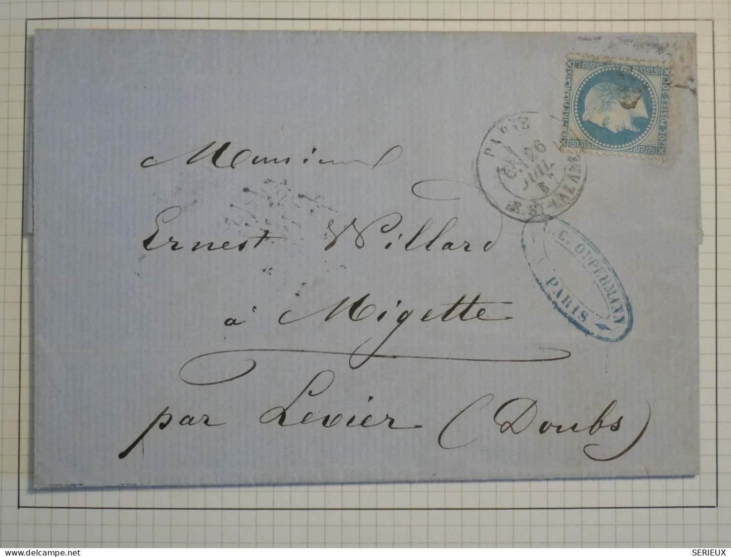 DK0 FRANCE  BELLE LETTRE RARE 1867 ETOILE N°2 SUR N°29 TIMBRE CARRé PIQUETAGE DE PARIS+VU BEHR.DISPERSION DE COLLECTION+ - 1863-1870 Napoleon III With Laurels