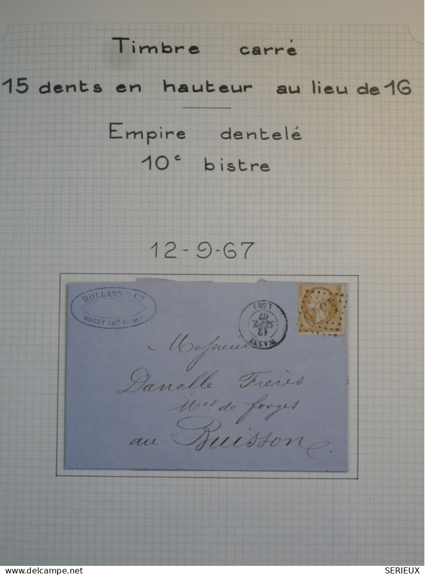 DK0 FRANCE  BELLE LETTRE RARE 1867+ N°21 TIMBRE CARRé PIQUETAGE DE WASSY +VU BEHR.DISPERSION DE COLLECTION+ - 1862 Napoleon III