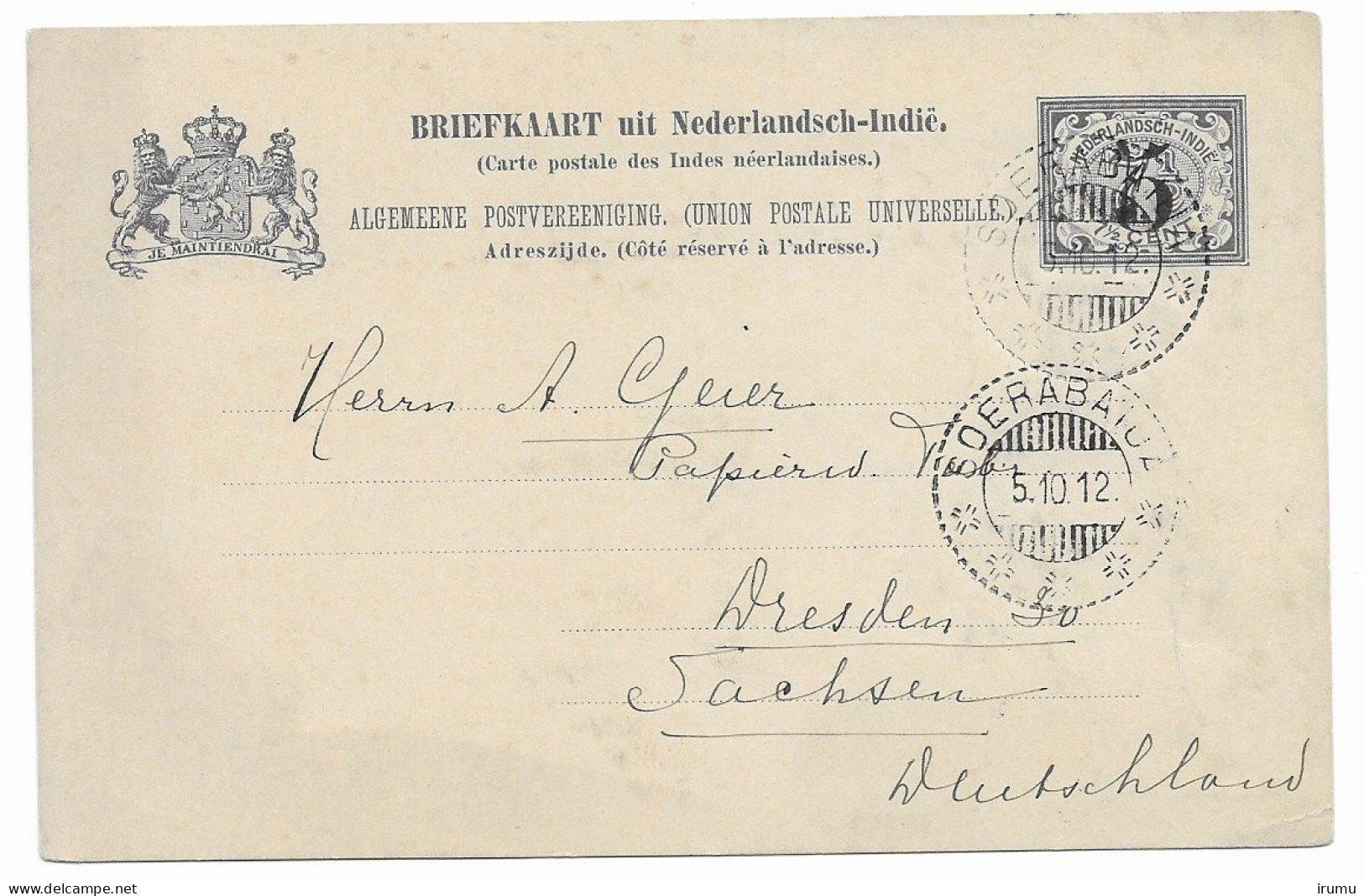 Ned. Indië 1908, G20b Z-2 Soerabaya Naar Duitsland (SN 2744) - Niederländisch-Indien