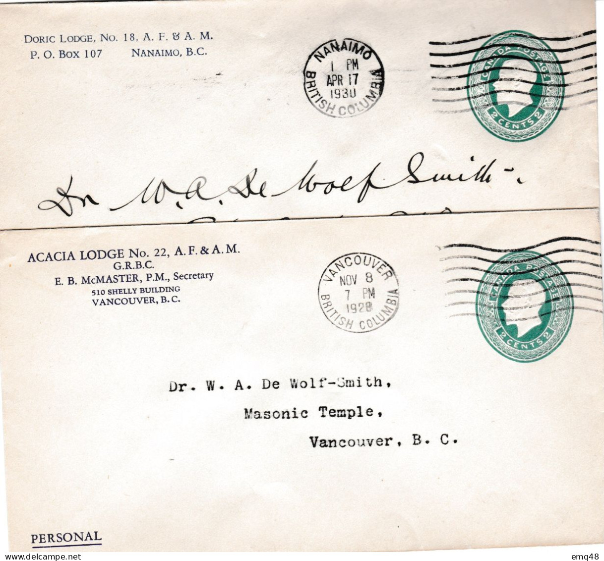 58 - FRANC-MAÇONNERIE (MASONIC) : Entier Postal Canadien Maçonnique De 1930. ACACIA Lodge Et DORIC Lodge ! Rare - Francmasonería