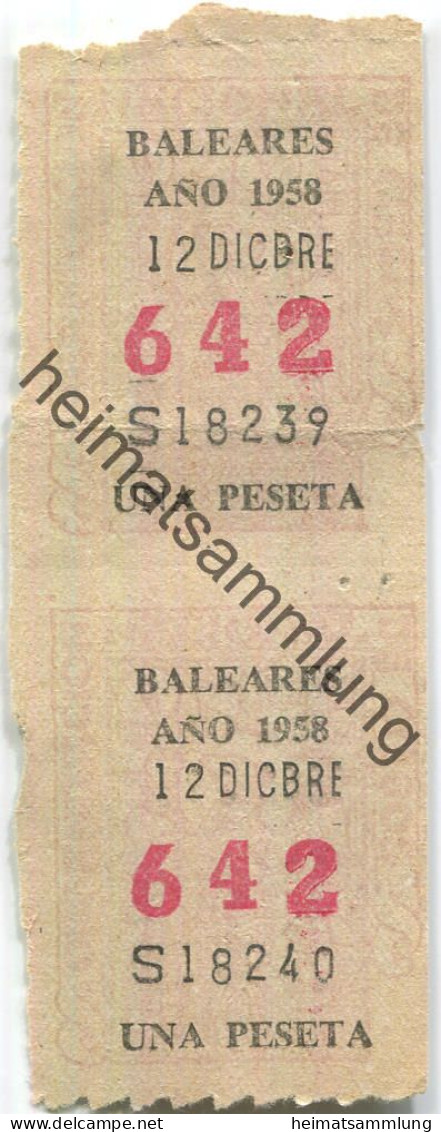 Spanien - Baleares Ano 1958 - Una Peseta - Fahrschein - Europe