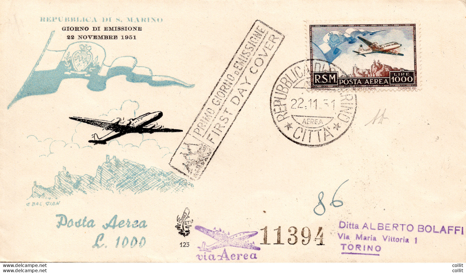 San Marino - Lire 1.000 "Aereo Bandiera" Su FDC Venezia - FDC