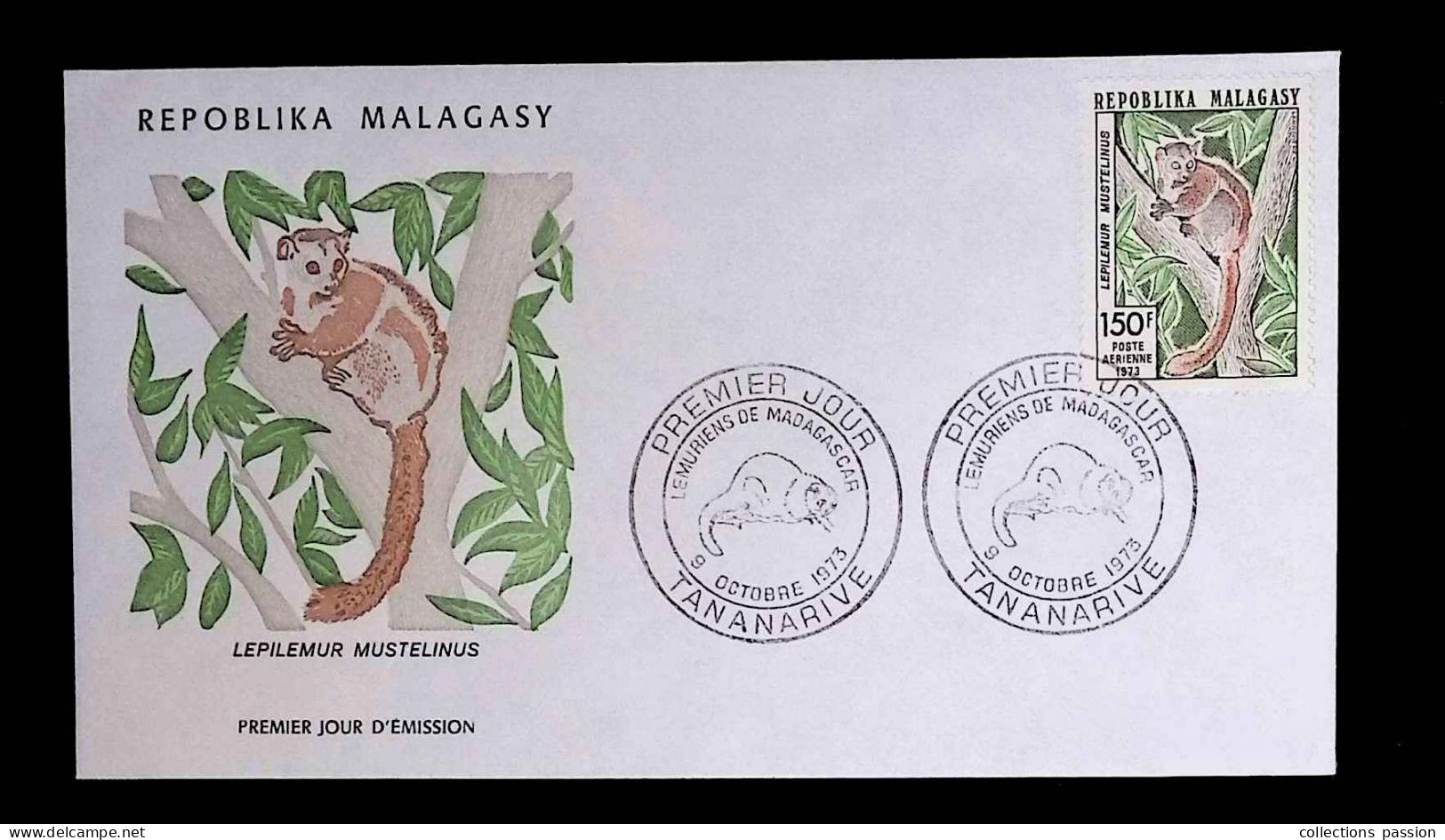 CL, FDC, Premier Jour, Madagascar, Repoblika Malagasy, Tananarive, 9 Octobre 1973, Lémuriens, Lepilemur Mustelinus - Madagascar (1960-...)