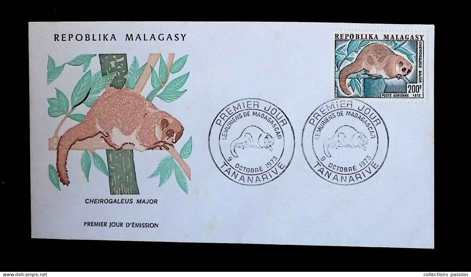 CL, FDC, Premier Jour, Madagascar, Repoblika  Malagasy, 9 Octobre 1973, Tananarive, Lémuriens, Cheirogaleus Major - Madagaskar (1960-...)