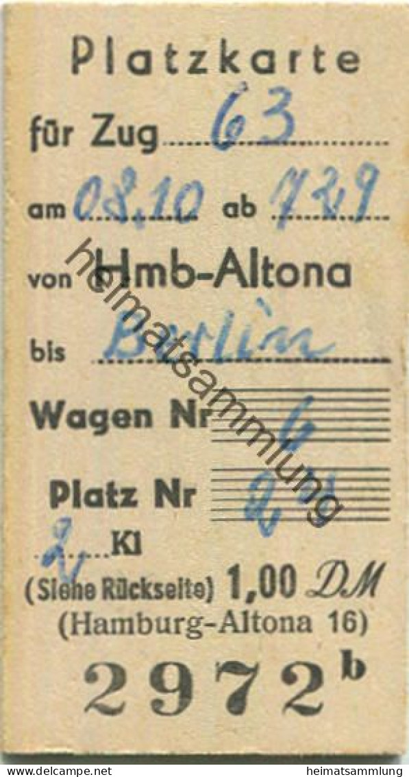 Deutschland - Platzkarte Für Zug 63 Hamburg-Altona - Berlin - 2. Kl. - Europa