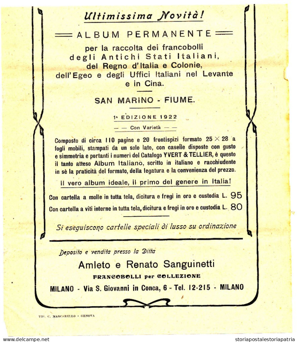 1922 MILANO LISTINO COMPLETO 20 PAGINE STUDIO FILATELICO SANGUINETTI - Pubblicitari