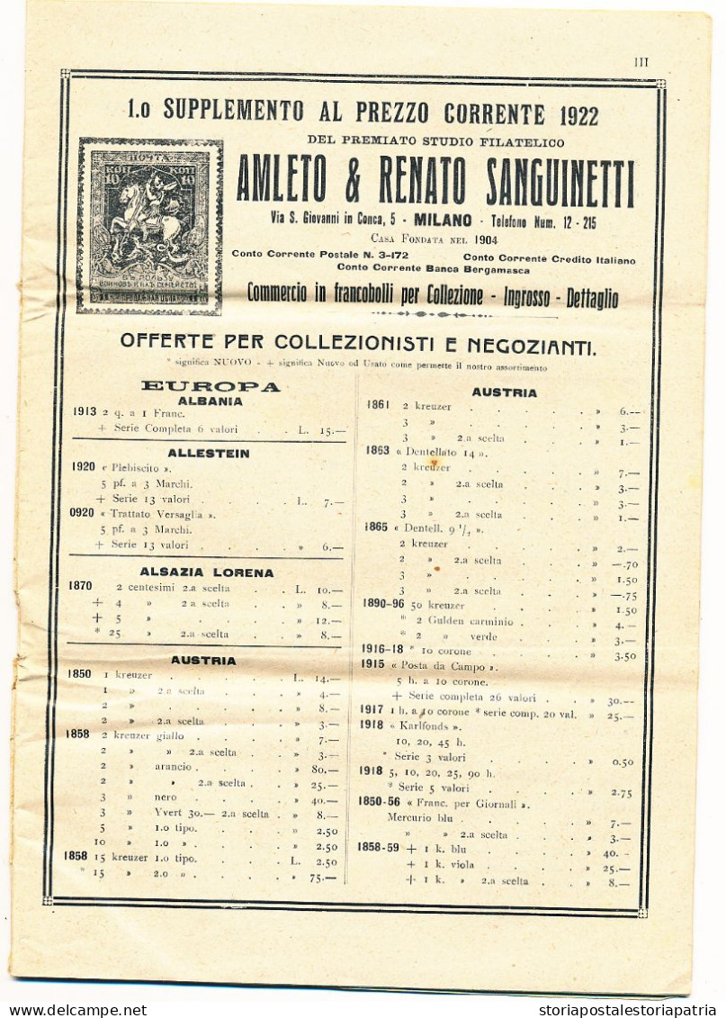 1922 MILANO LISTINO COMPLETO 20 PAGINE STUDIO FILATELICO SANGUINETTI - Pubblicitari