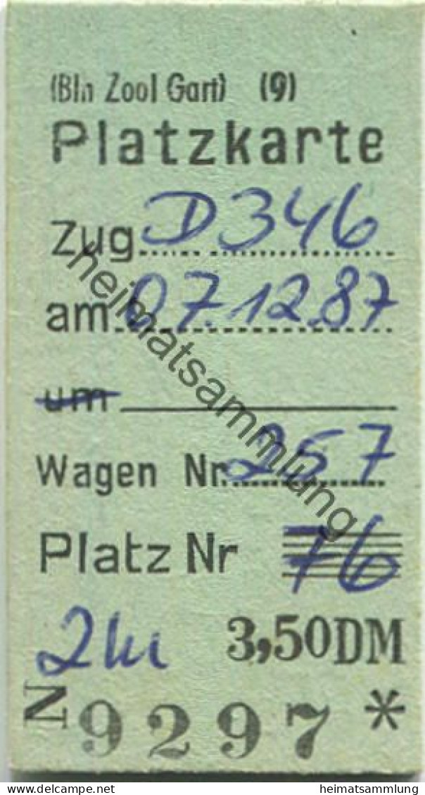 Deutschland - Berlin - Zoologischer Garten - Platzkarte Zug D346 - 07.12.87 - Europa