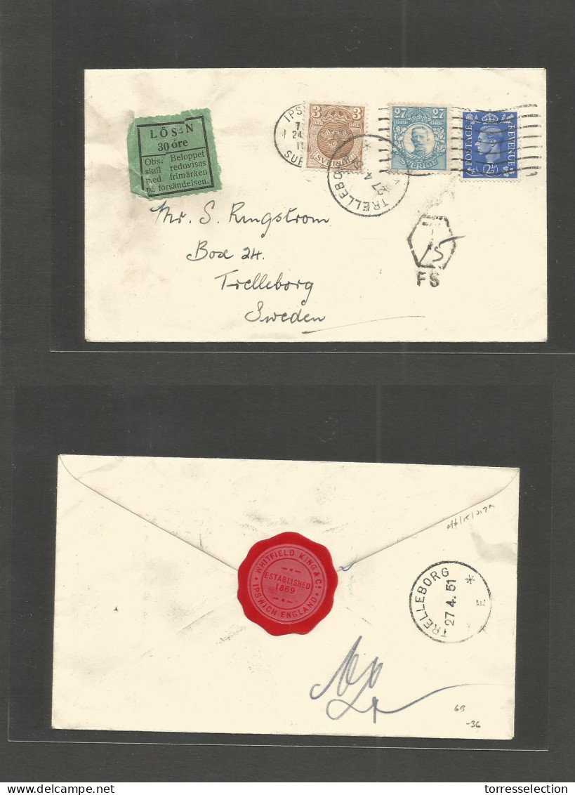 Great Britain - XX. 1951 (24 Apr) Ipswich - Sweden, Treleburg. Fkd 2 1/2d Env + Taxed + 2x Swedish P. Dues, Tied Cds / F - ...-1840 Préphilatélie