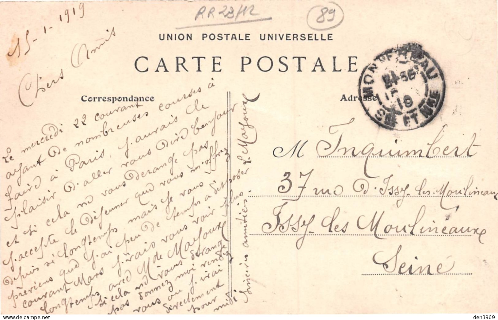VILLEBLEVIN (Yonne) - Rue, Tabac, Cartes Postales Illustrées - Voyagé 1919 (2 Scans) Inquimbert 37 R Issy-les-Moulineaux - Villeblevin
