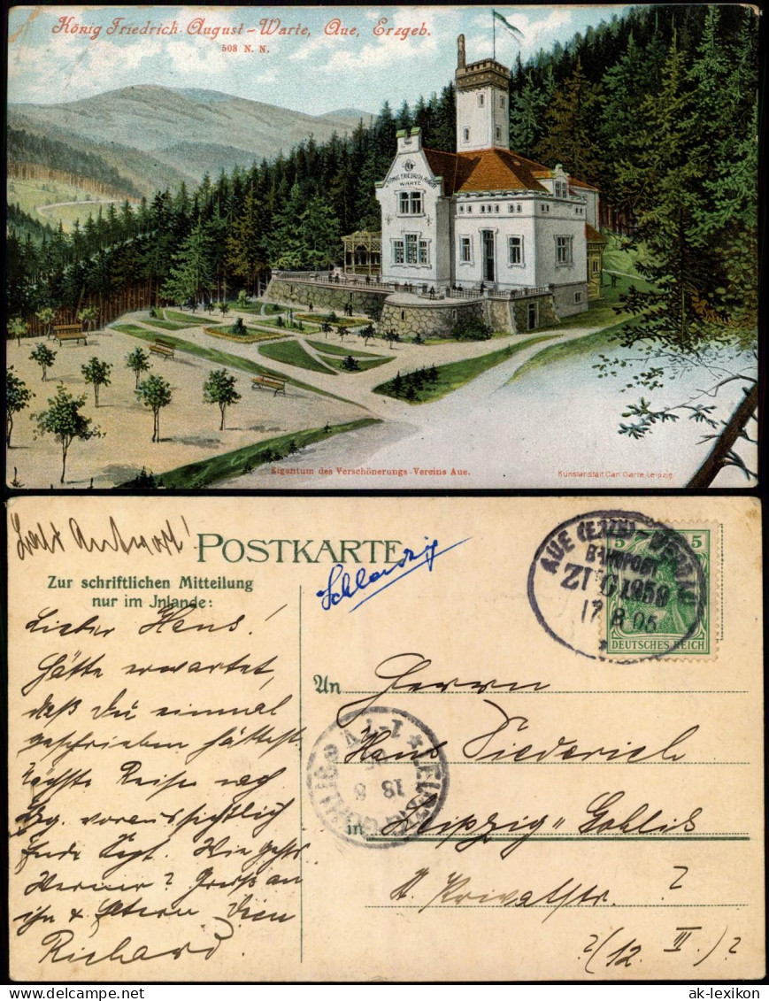 Aue Erzgebirge König Friedrich August-Warte 1905  Bahnpoststempel Aue - Werdau - Aue