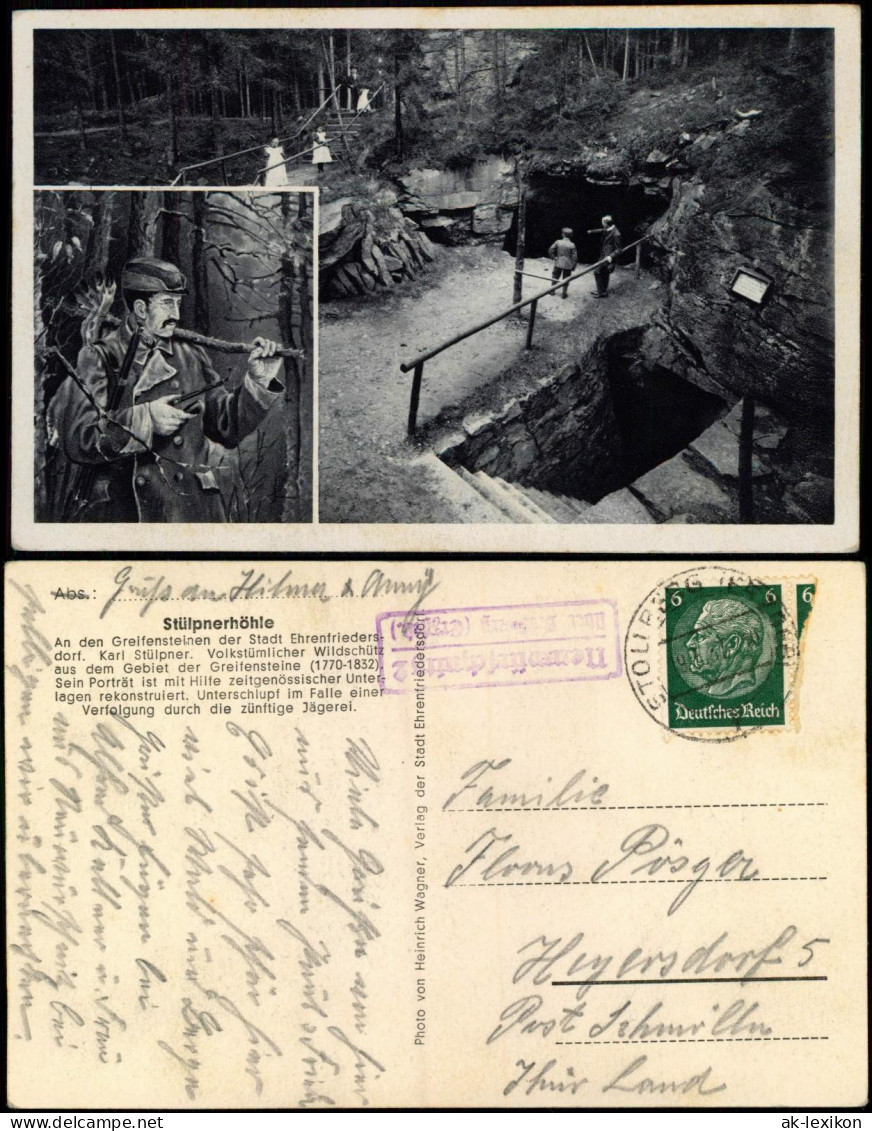 Ansichtskarte Ehrenfriedersdorf Stülpnerhöhle, 2 Bild 1936  Gel. Landpoststempel - Ehrenfriedersdorf