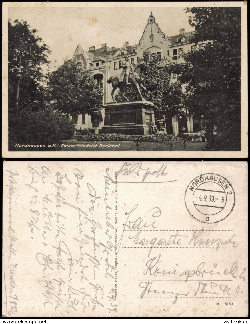 Ansichtskarte Nordhausen Kaiser Friedrich Denkmal 1939  Gel. Feldpost WK2 - Nordhausen