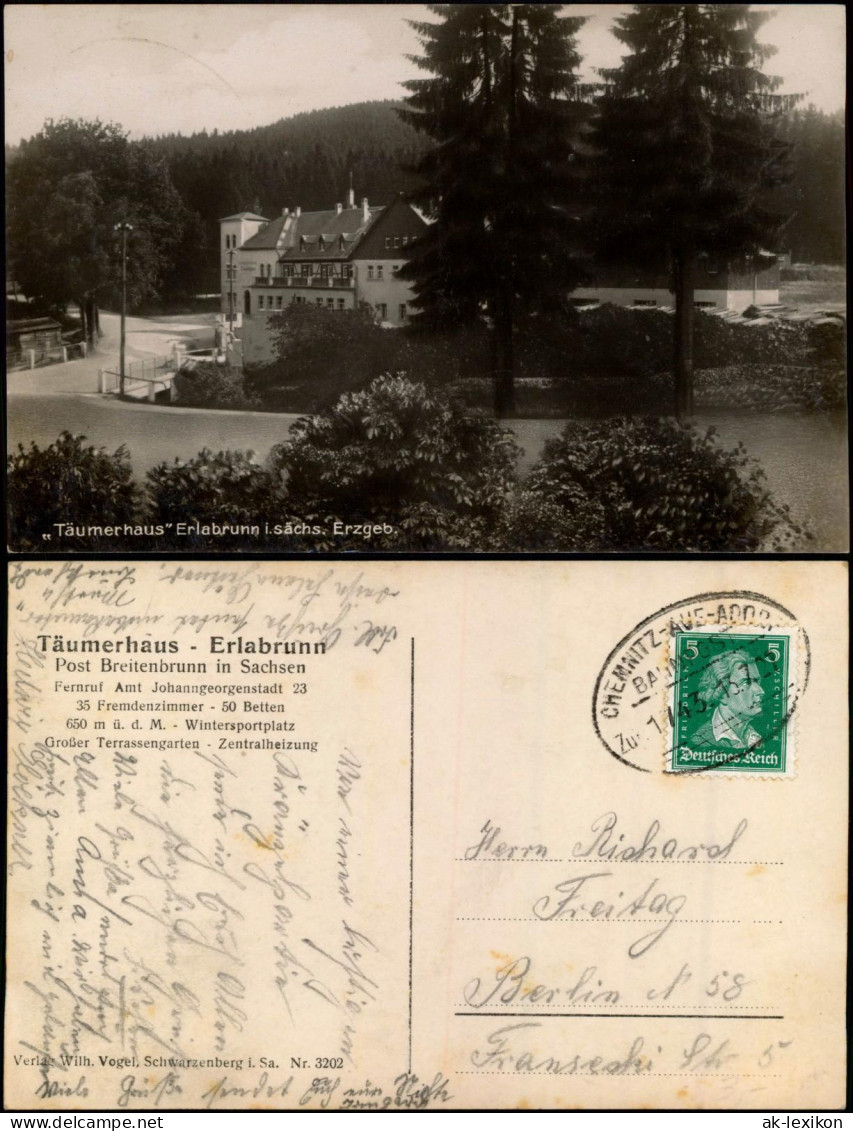 Erlabrunn-Breitenbrunn Erzgebirge Täumerhaus, Fotokarte 1927 Bahnpoststempel - Breitenbrunn