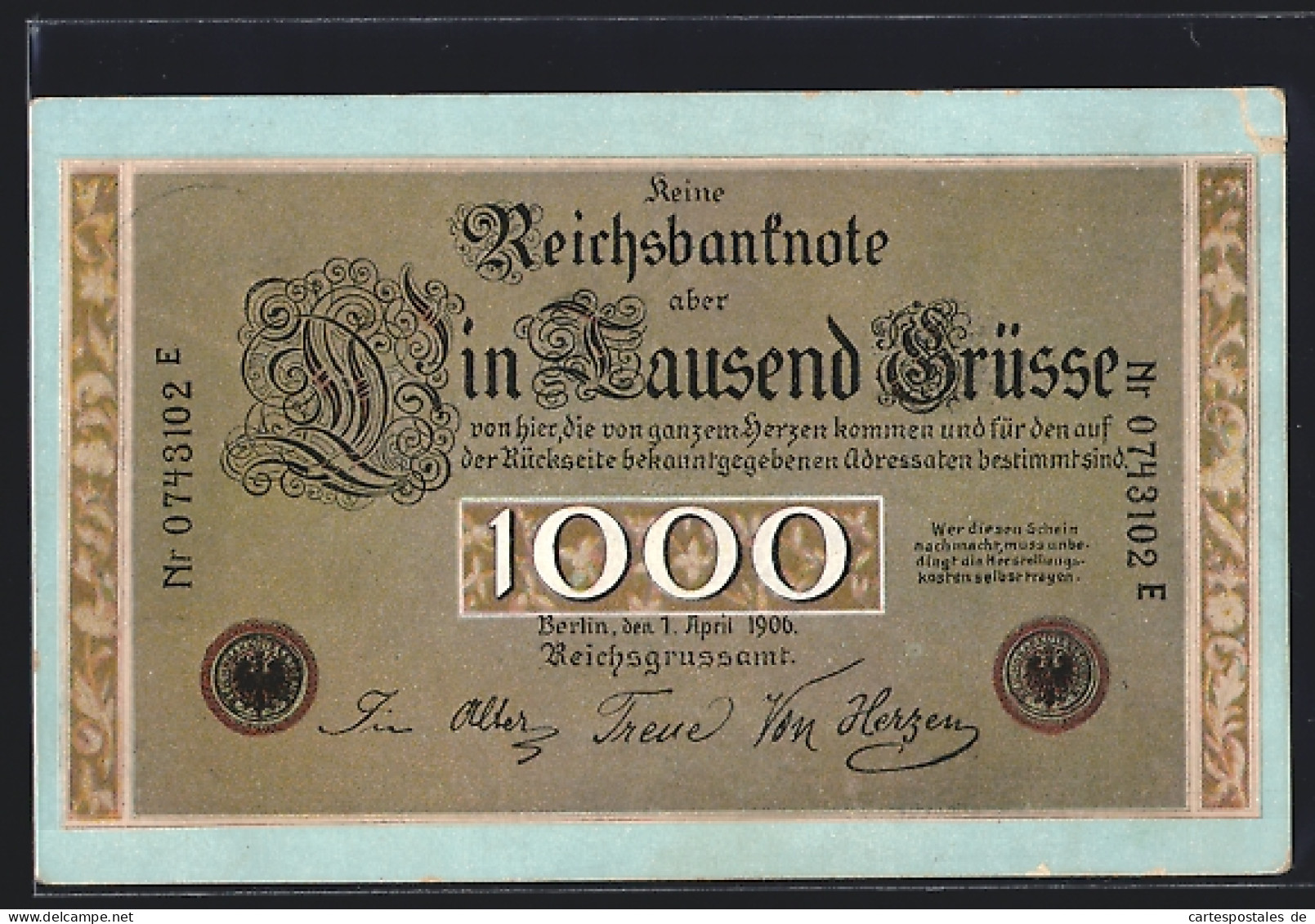 AK Geld, Banknote Mit 1000 Grüssen  - Monete (rappresentazioni)