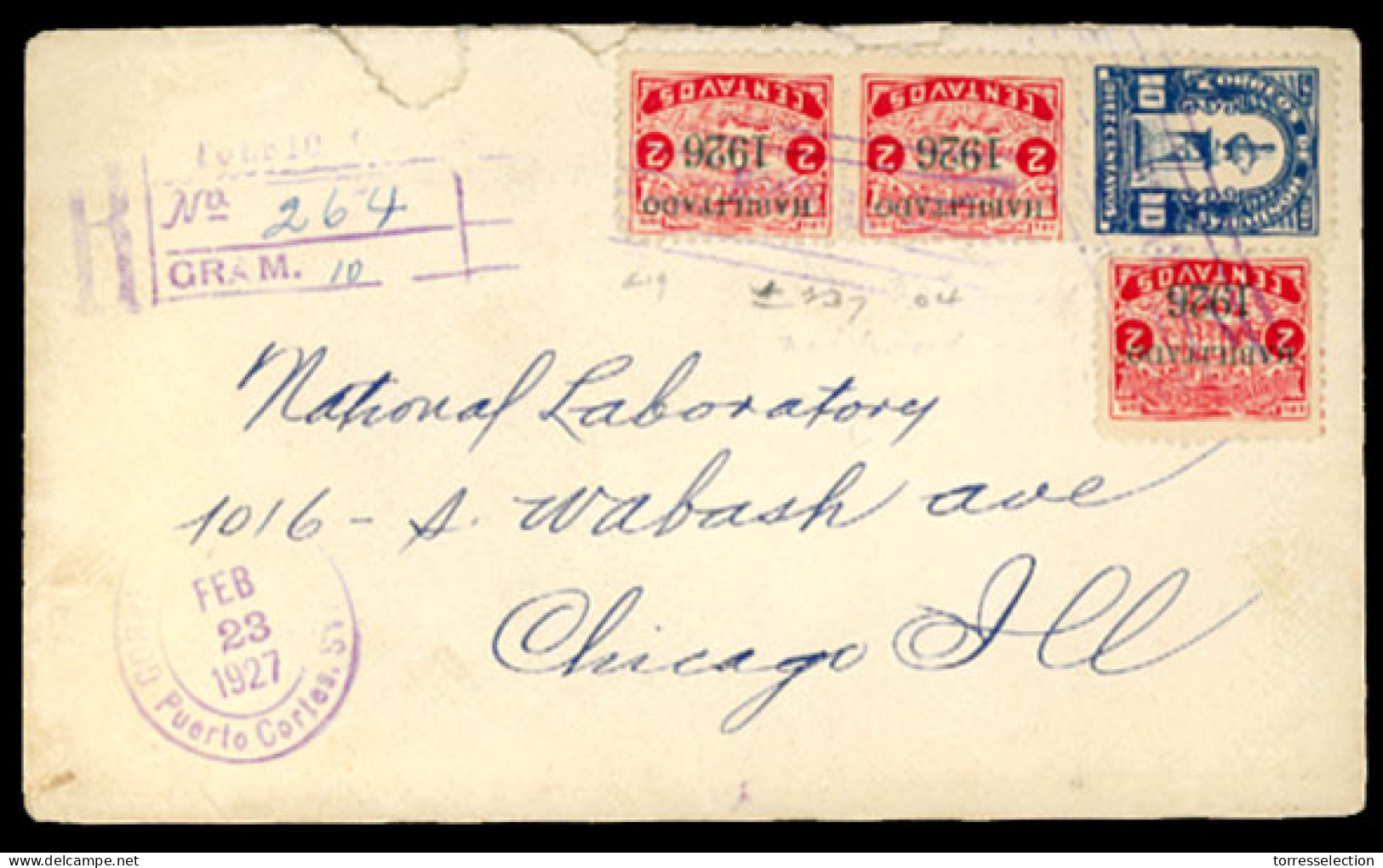 HONDURAS. 1927. Pto. Cortes To USA. Registered Farnked Envelope. - Honduras