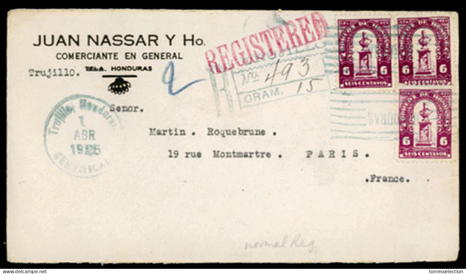 HONDURAS. 1925. Trujillo To France. Registered Franked (3 Stamps) Env. - Honduras