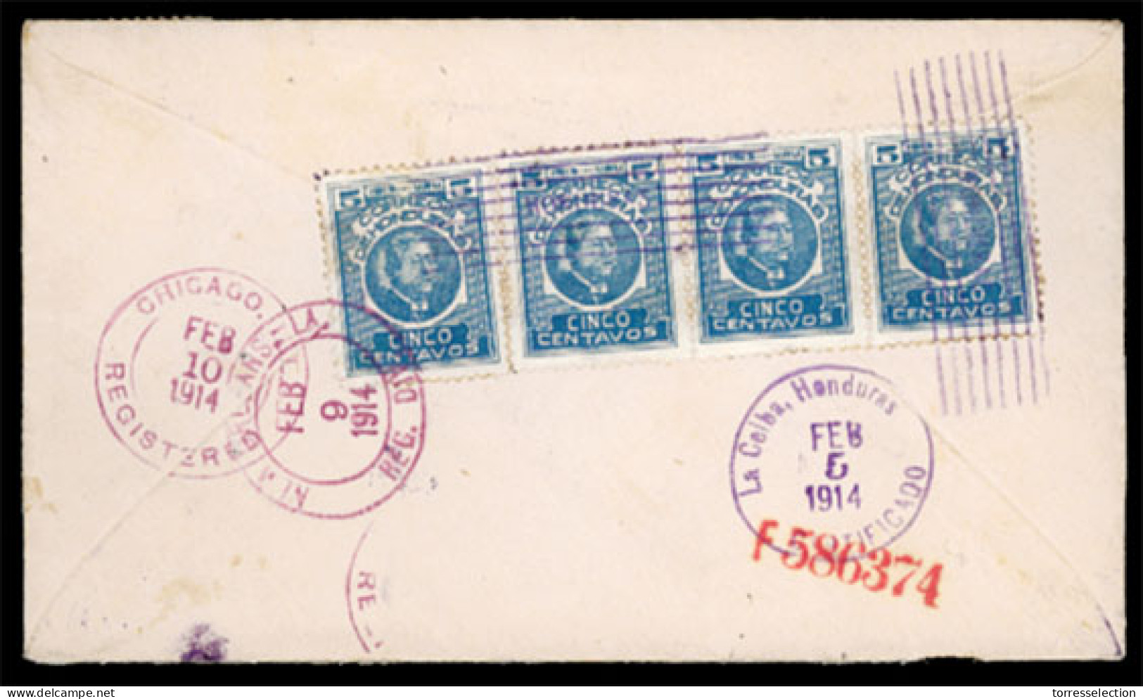 HONDURAS. 1914 (4 Feb). Registered Cover To Chicago From La Ciba Franked By Two Singles And Strip Of Three 1913 5c Blue  - Honduras