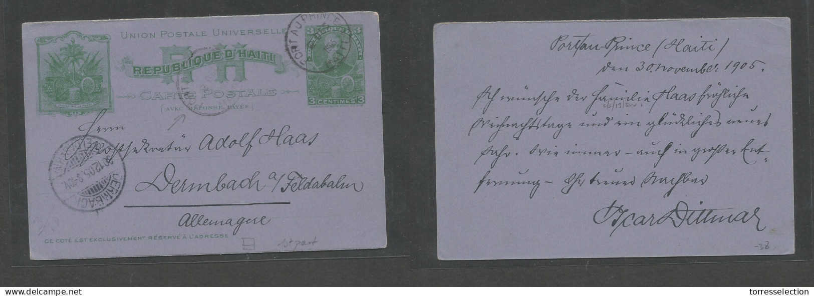 HAITI. 1905 (30 Nov) Port Prince - Germany, Dermbach (30 Dec) 3c Green Illustr Stat Card, Cds REPLY Half Doble Stat Card - Haiti