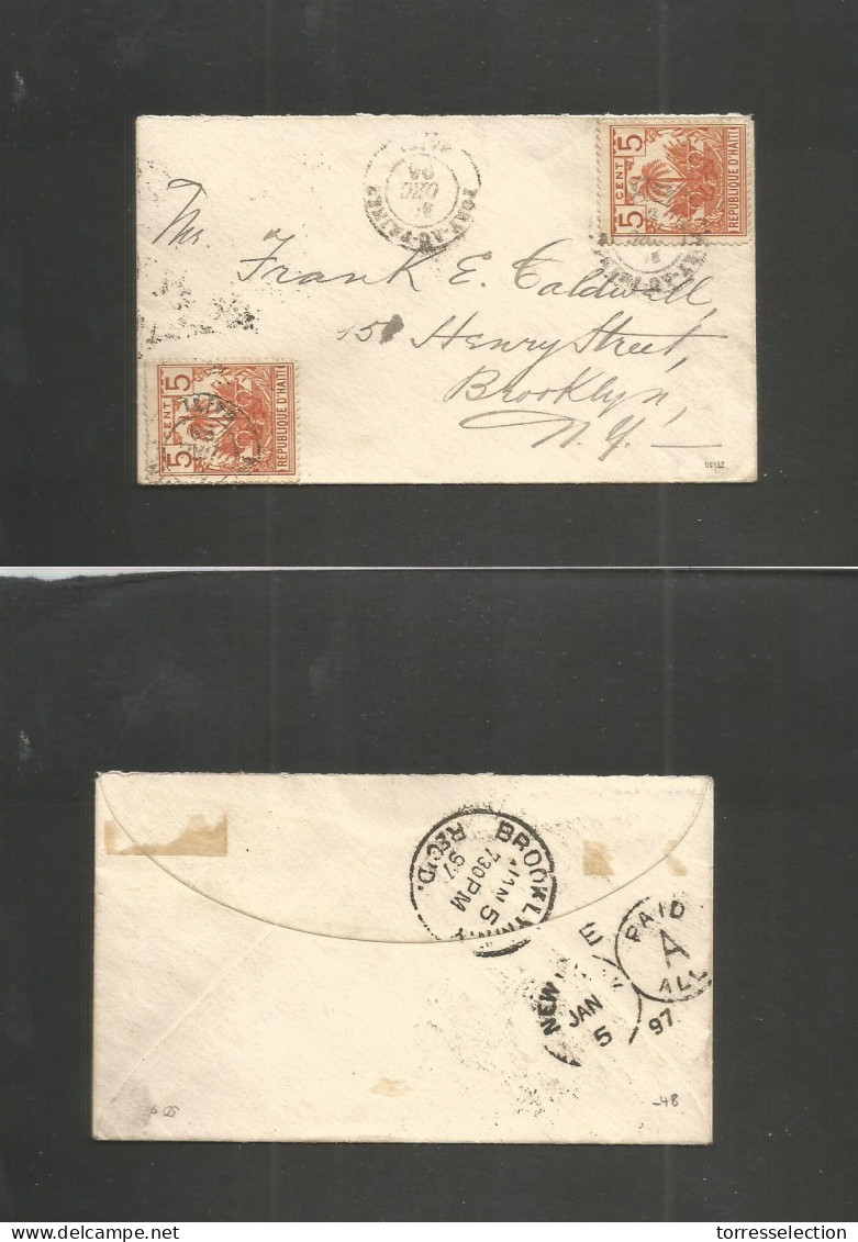 HAITI. 1896 (30 Dec) Port Prince - USA, NYC, Brooklyn (5 Jan 97) Small Fkd Env. Palm Issue 5c Orange (x2) Cds. Fine. - Haiti