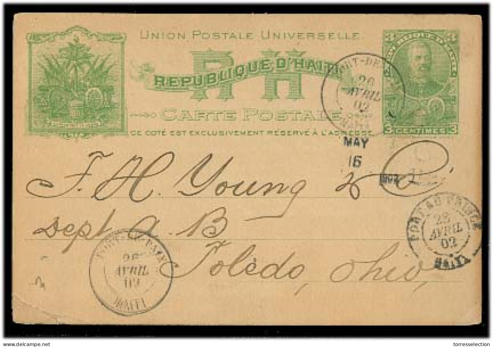 HAITI. 1902. Port Paix - USA / OH. 3c Green Stat Card Used. V Scarce Town + Overseas. Fine. - Haiti