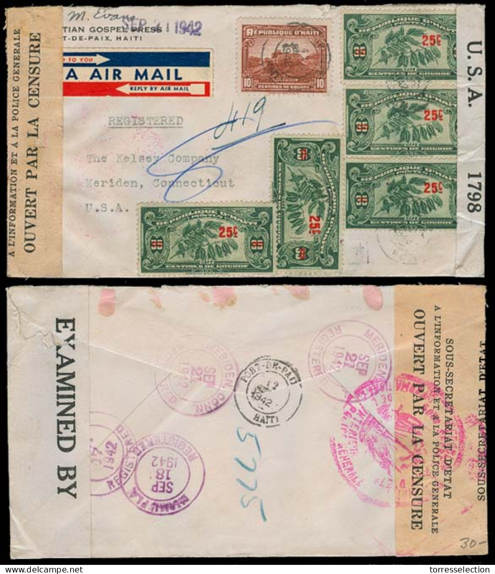 HAITI. 1942 (12 Sept). Port Paix - USA. Airmail Registered Doble Censored Ovptd Multiple Fkd Usage / Env. Spectacular An - Haiti