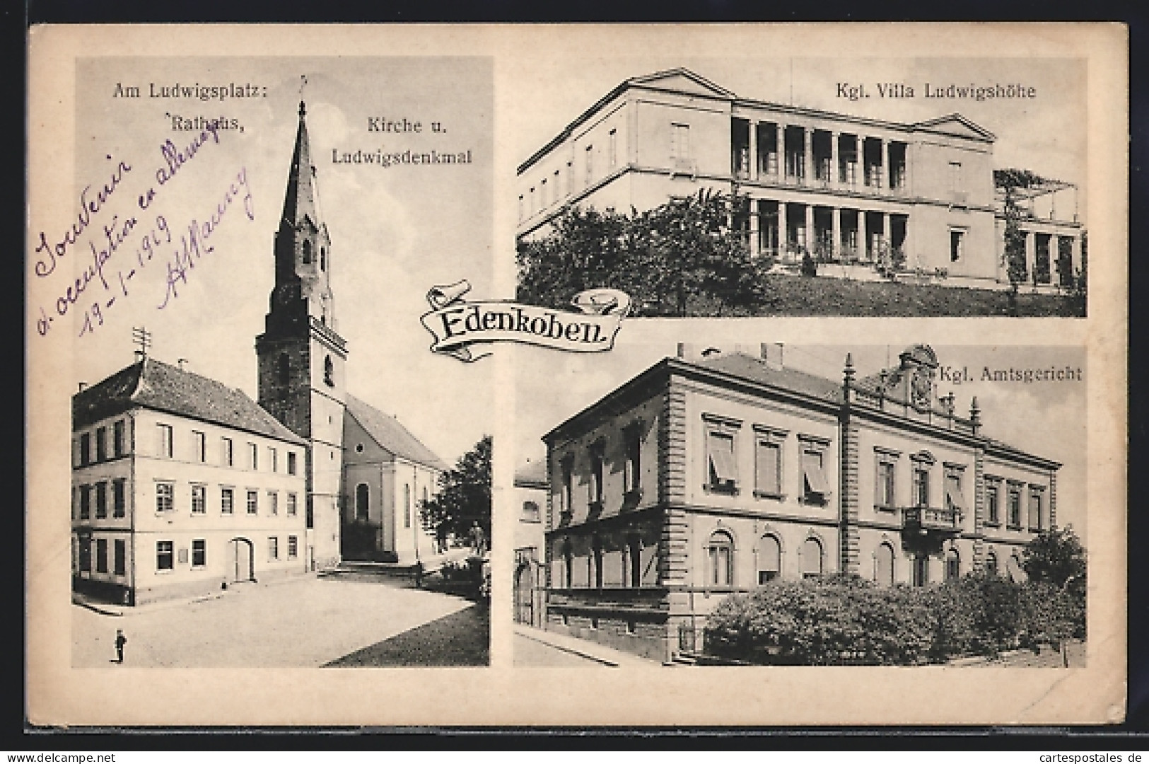 AK Edenkoben, Am Ludwigsplatz, Kgl. Villa Ludwigshöhe, Kgl. Amtsgericht  - Edenkoben