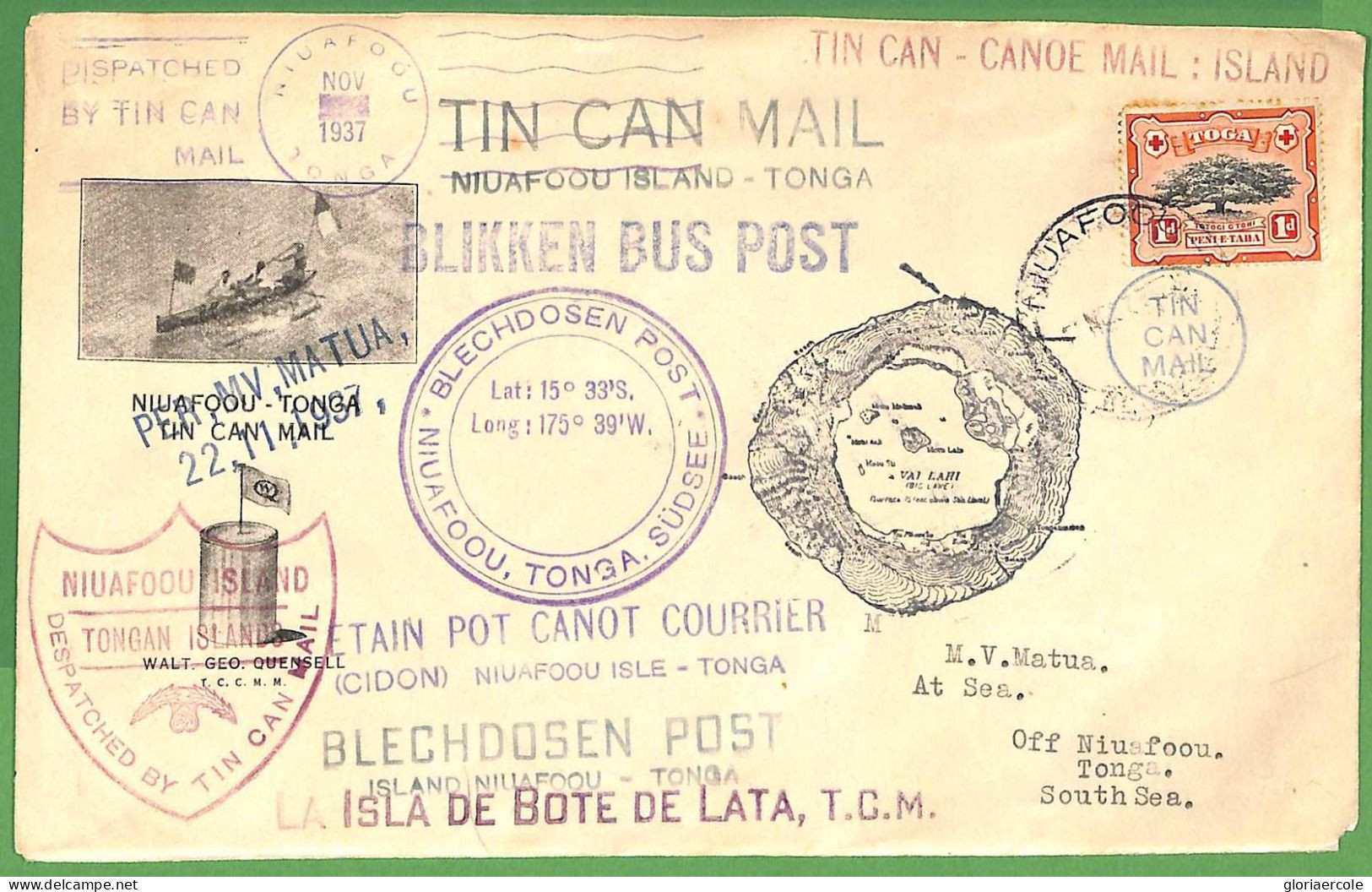 ZA1498 - TOGA - POSTAL HISTORY - OVERSIZED Cover 1937 TIN CAN MAIL Blinken Bus - Tonga (...-1970)