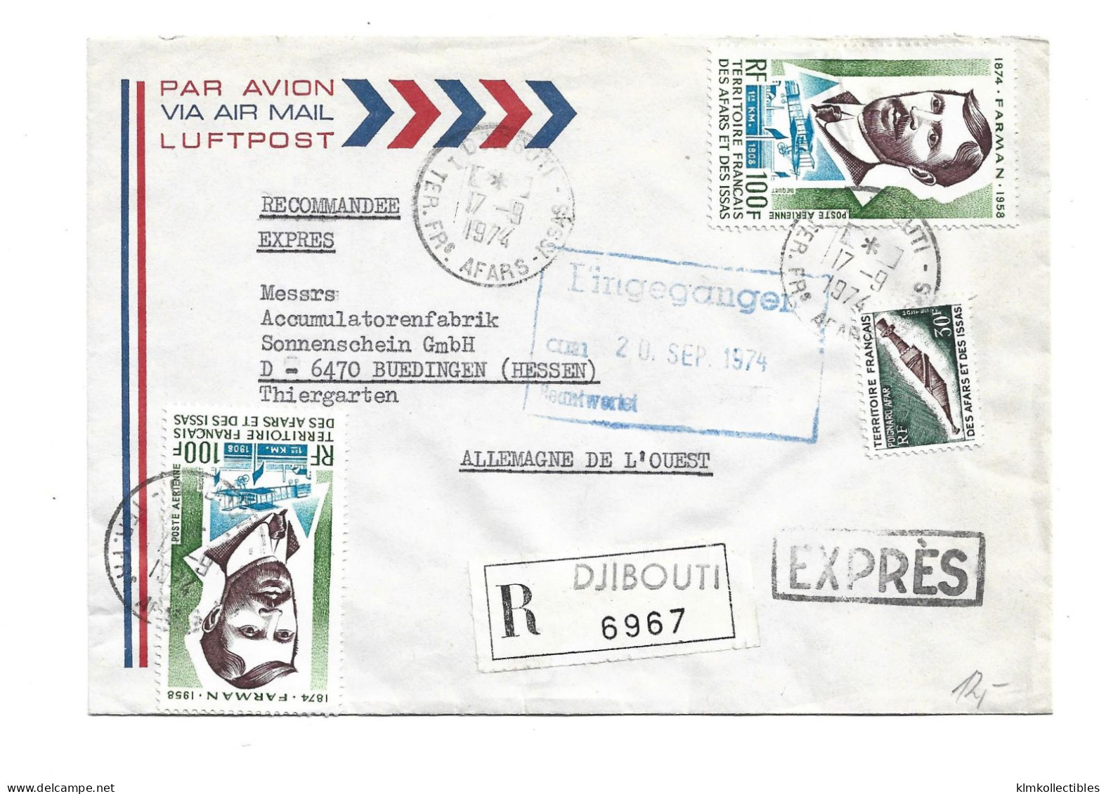 FRANCE COLONIES - AFRAS & ISSAS DJIBOUTI - REGISTERED COVER TO GERMANY - Storia Postale