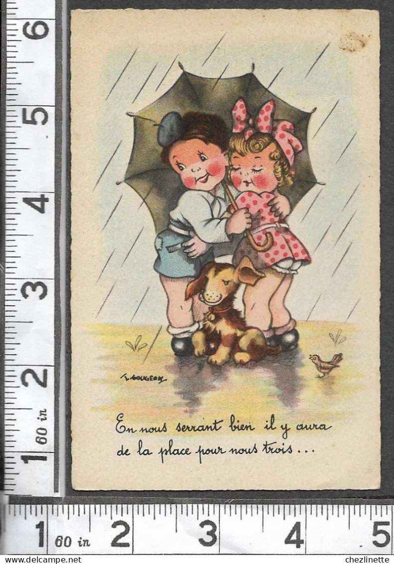 CARTE R. HAMEL Paris / ILLUSTRATION J GOUGEON / DEUX ENFANTS ET LE CHIEN S'ABRITENT SOUS UN PARAPLUIE / CIRCULEE 1948/RV - Gougeon