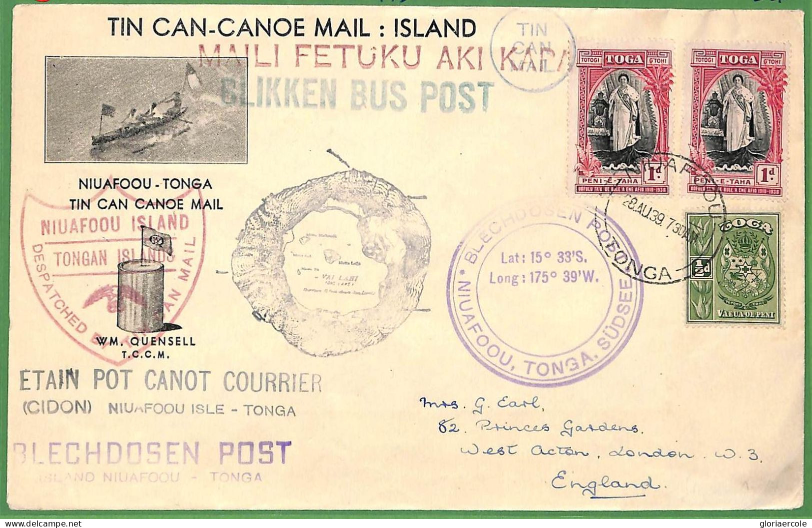 ZA1499 - TOGA - POSTAL HISTORY - OVERSIZED Cover 1939 TIN CAN MAIL Blinken Bus - Tonga (...-1970)