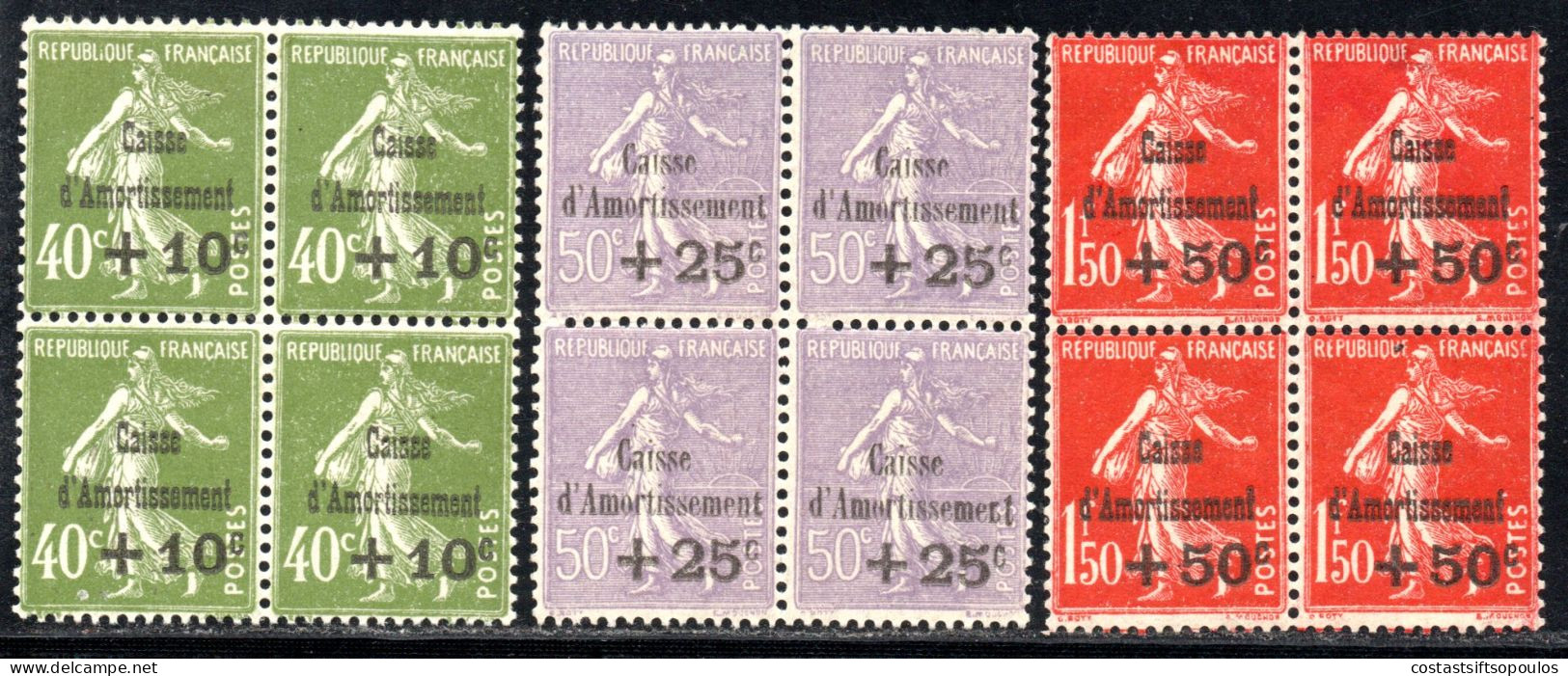 2668.FRANCE 1931 SINKING FUND Y.T.275-277,SC. B39-B41, VERY FINE MNH BLOCKS OF 4 - 1927-31 Sinking Fund