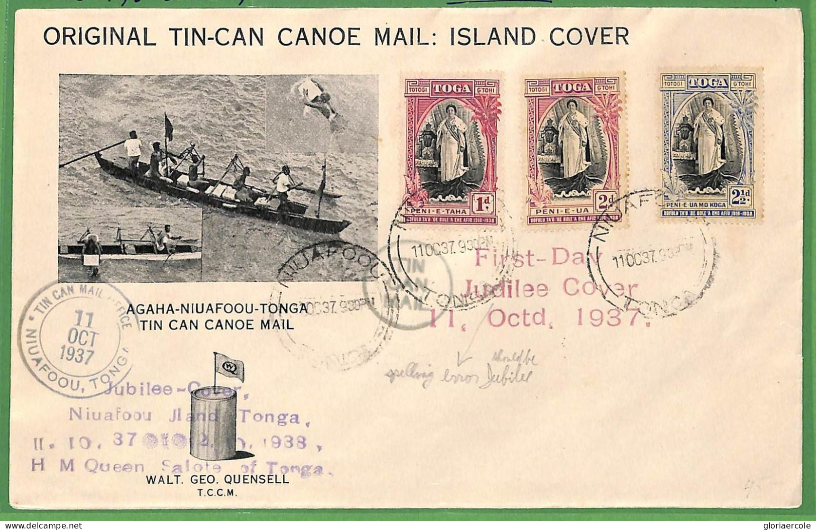 ZA1501 - TOGA - POSTAL HISTORY -  FDC Cover 11.10.1937 Via TIN CAN MAIL Royalty - Tonga (...-1970)