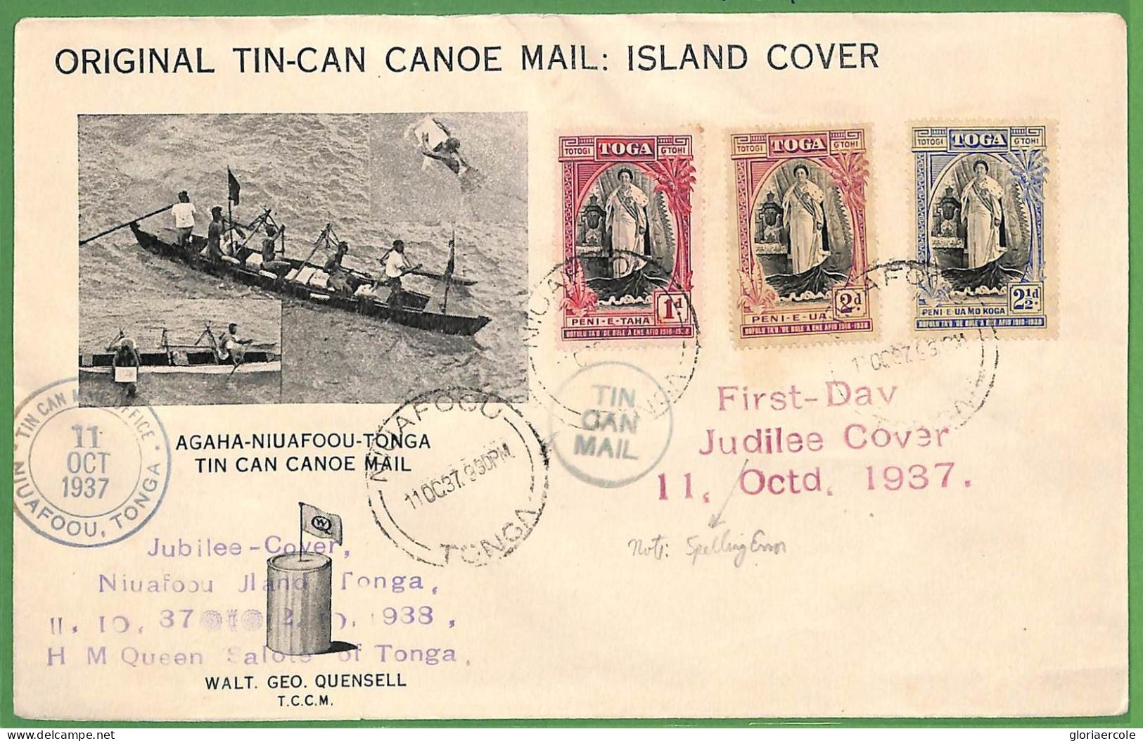 ZA1500 - TOGA - POSTAL HISTORY -  FDC Cover 11.10.1937  Via TIN CAN MAIL Royalty - Tonga (...-1970)