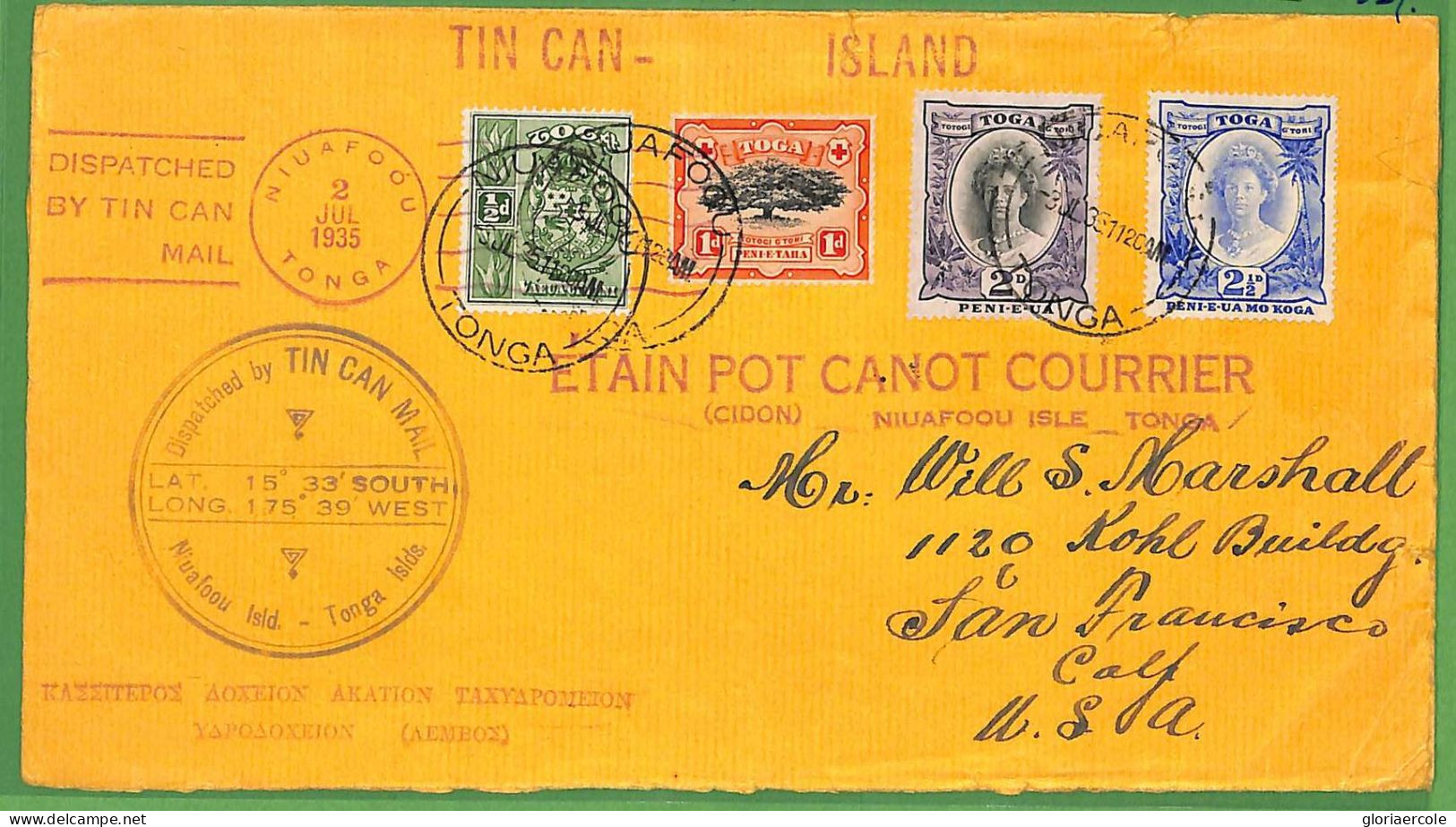 ZA1502 - TOGA - POSTAL HISTORY - OVERSIZED Cover 1935 - TIN CAN MAIL - Tonga (...-1970)