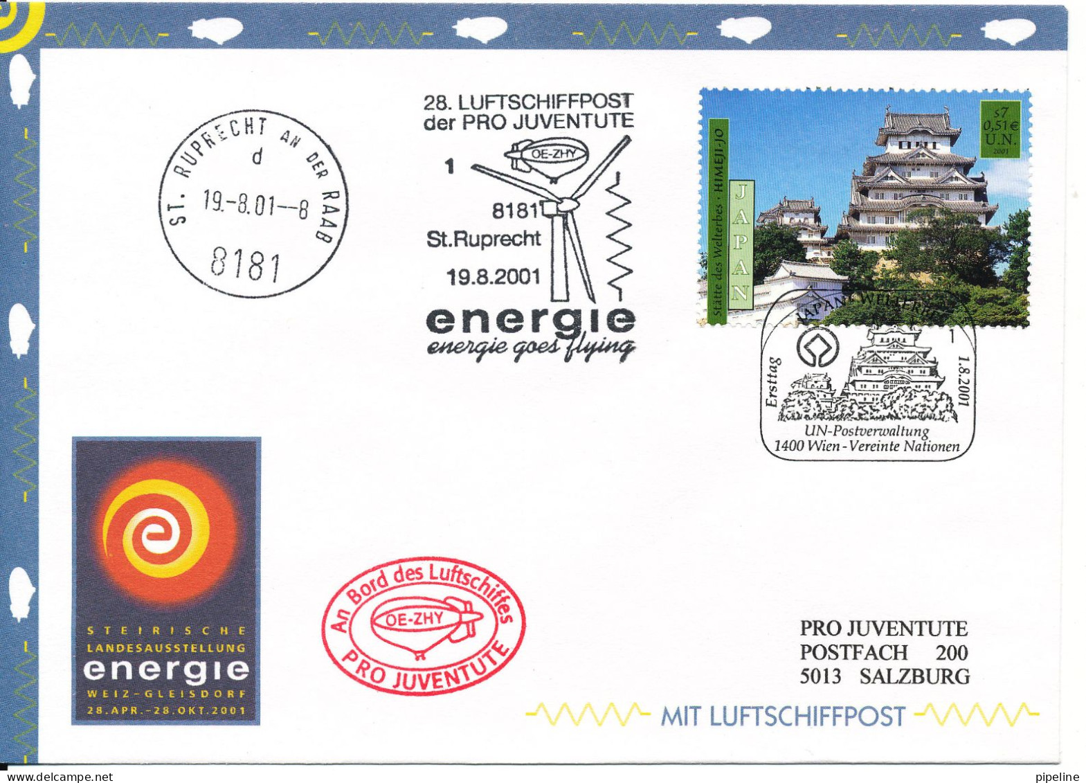 Austria UN Vienna AIRSHIP MAIL Pro Juventute Number 28 Wien1-8-2001 And St. Ruprech 19-8-2001 With More Postmarks - Emisiones Comunes New York/Ginebra/Vienna