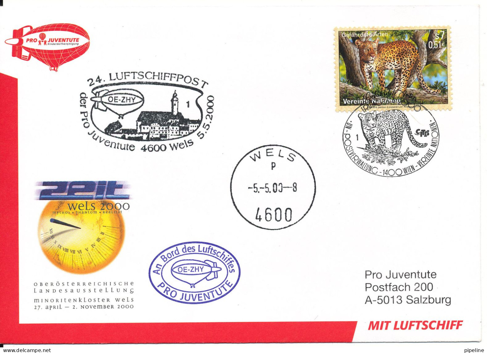 Austria UN Vienna AIRSHIP MAIL Pro Juventute Number 24 Wien 6-4-2000 And Wels 5-5-2000 With More Postmarks - Emisiones Comunes New York/Ginebra/Vienna