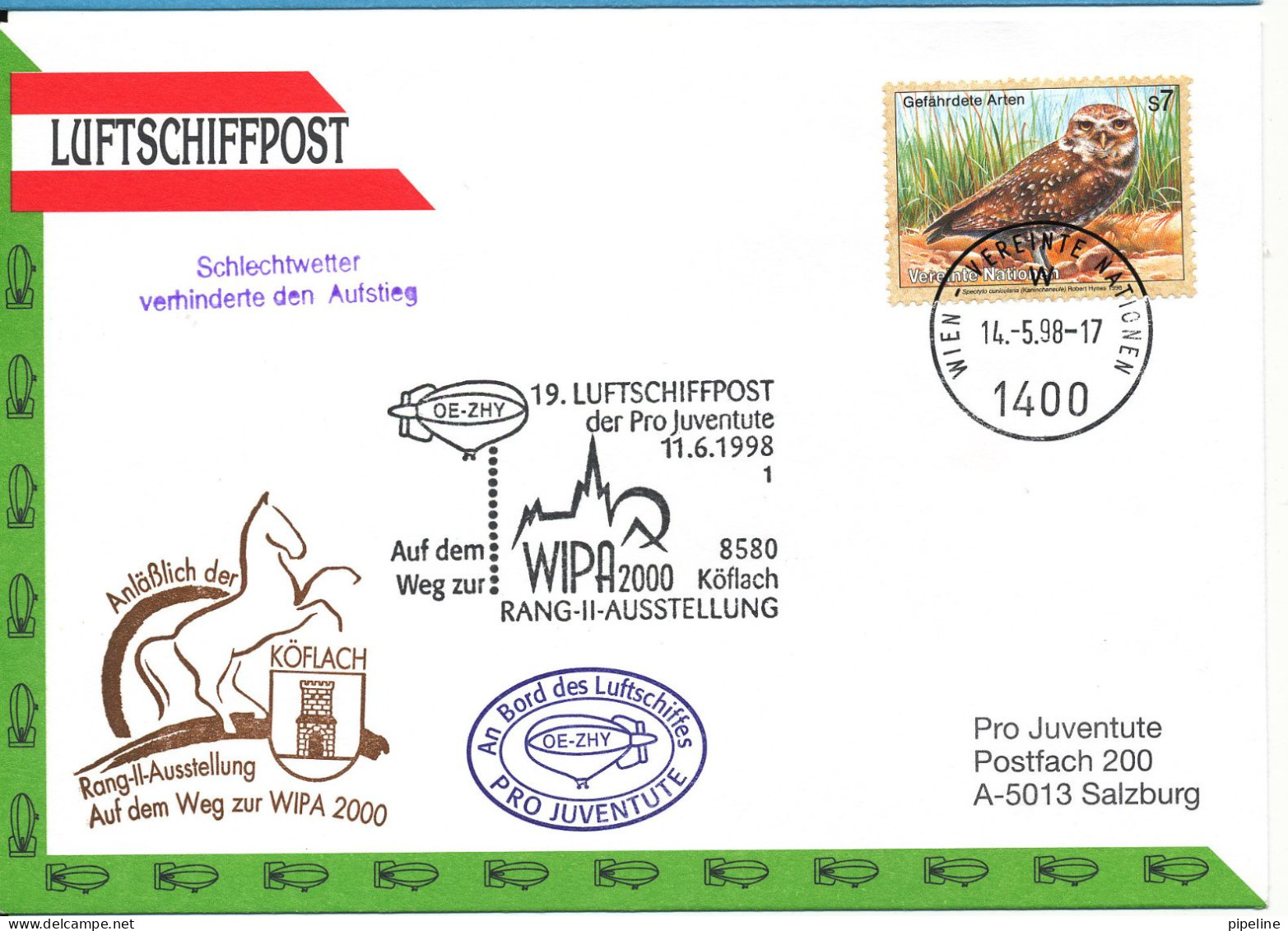 Austria UN Vienna Cover AIRSHIP MAIL Pro Juventute Number 19 Wien 14-5-1998 And Köflach 11-6-1998 With More Postmark - Emisiones Comunes New York/Ginebra/Vienna