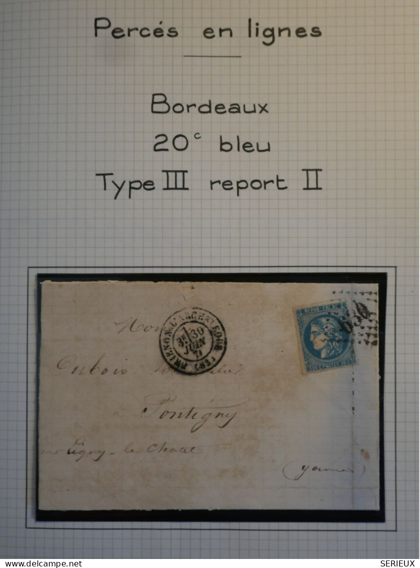 DK0 FRANCE LETTRE CURIOSITé  BORDEAUX VARIETé BOULE BLANCHE  20C  PERCé EN LIGNE  +VU BEHR.DISPERSION DE COLLECTION+ - 1870 Uitgave Van Bordeaux